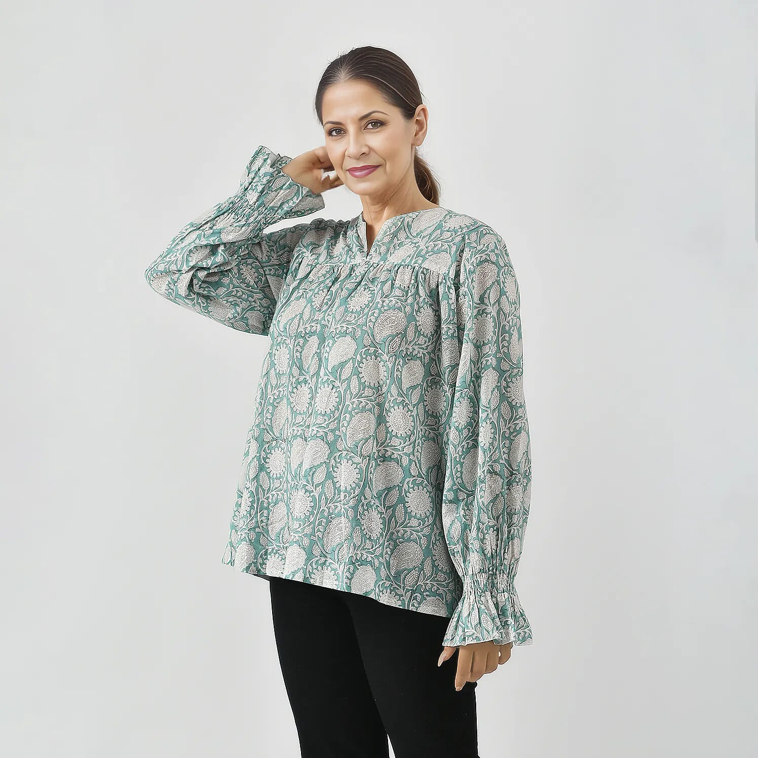LA-MAREY Pure Cotton Block Print Blouse (Size XL - 20 to 22) - Turquoise & White