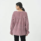 LA-MAREY Pure Cotton Block Print Blouse (Size XL - 20 to 22) - Burgundy & White