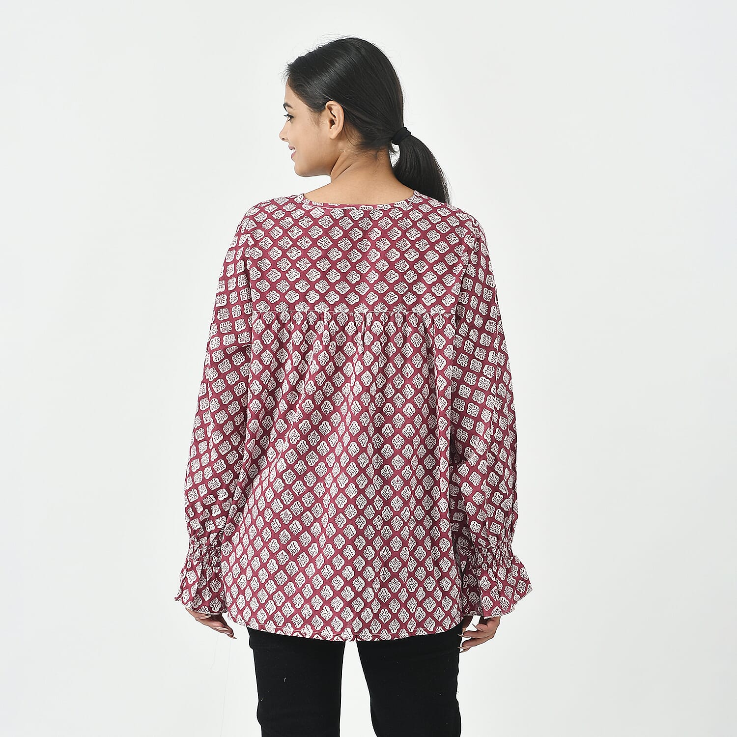 LA-MAREY Pure Cotton Block Print Blouse (Size XL - 20 to 22) - Burgundy & White