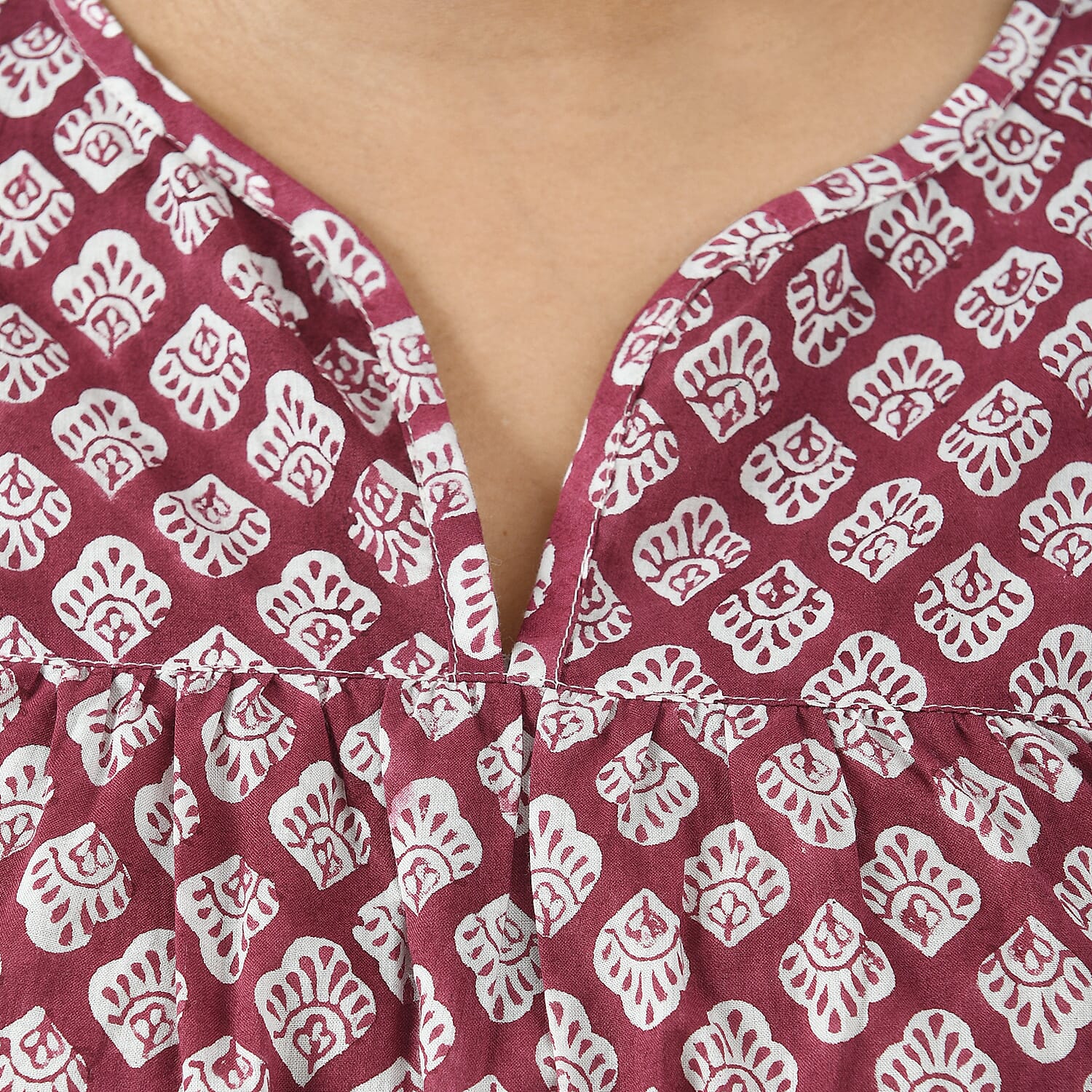 LA-MAREY Pure Cotton Block Print Blouse (Size XL - 20 to 22) - Burgundy & White