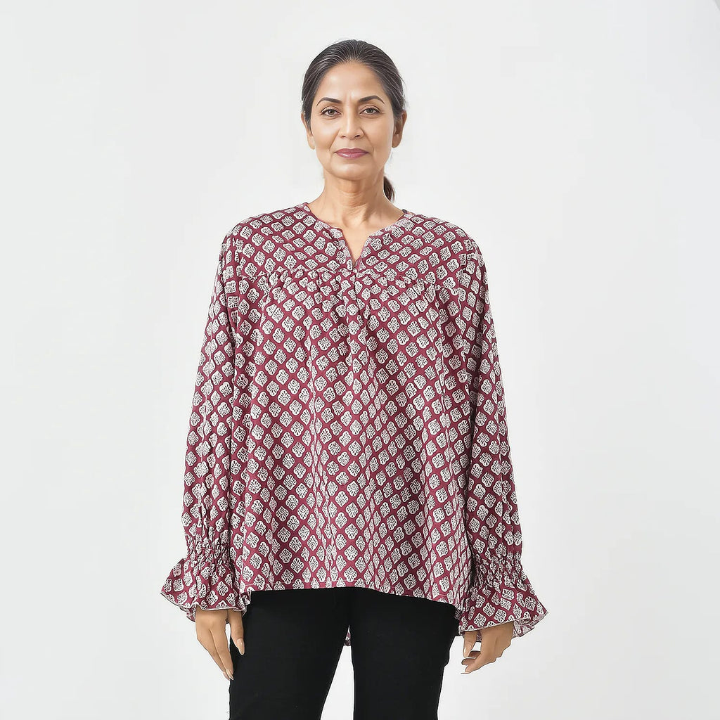 LA-MAREY Pure Cotton Block Print Blouse (Size XXL - 24 to 26) - Burgundy & White