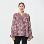 LA-MAREY Pure Cotton Block Print Blouse (Size XXL - 24 to 26) - Burgundy & White