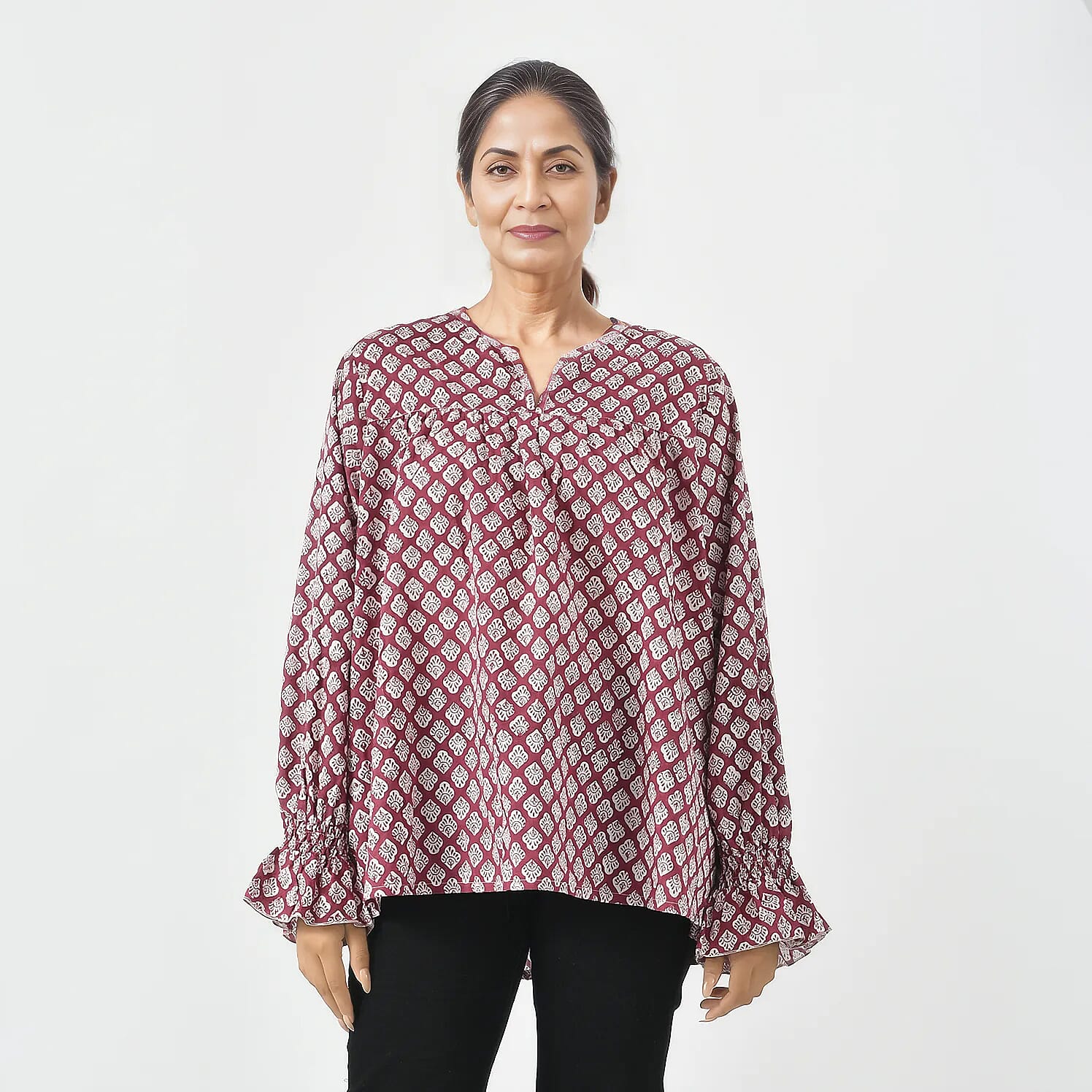 LA-MAREY Pure Cotton Block Print Blouse (Size XXL - 24 to 26) - Burgundy & White