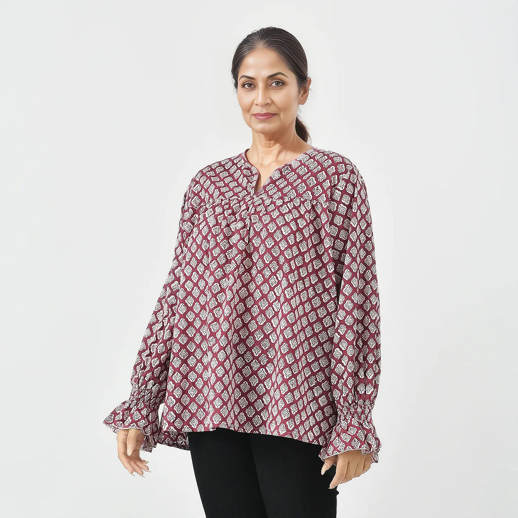 LA-MAREY Pure Cotton Block Print Blouse (Size XXL - 24 to 26) - Burgundy & White