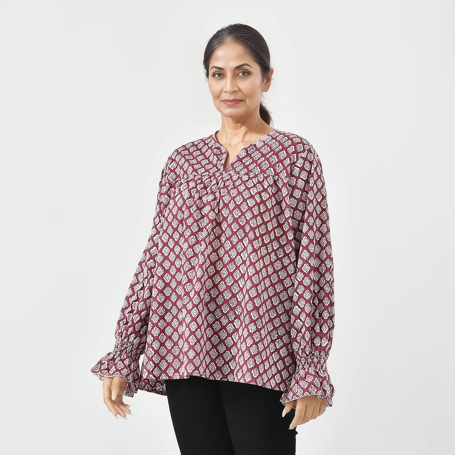 LA-MAREY Pure Cotton Block Print Blouse (Size XXL - 24 to 26) - Burgundy & White