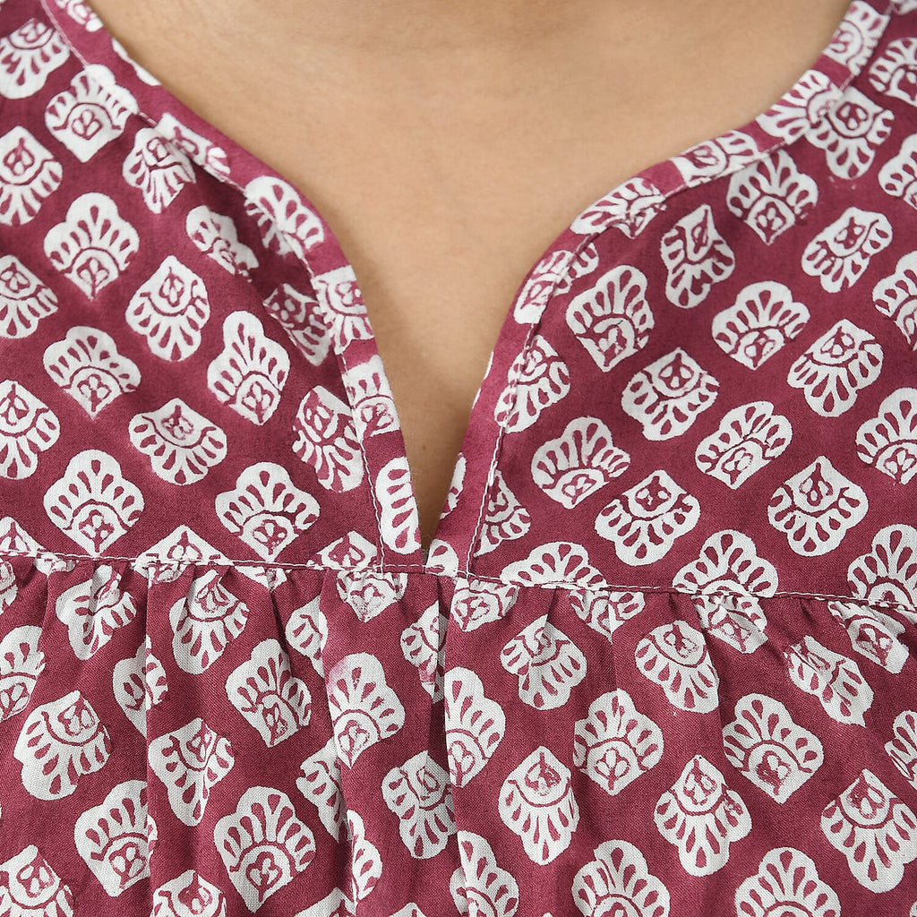 LA-MAREY Pure Cotton Block Print Blouse (Size XXL - 24 to 26) - Burgundy & White