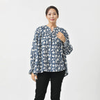 LA-MAREY Pure Cotton Block Print Blouse (Size XXL - 24 to 26) - Navy & White