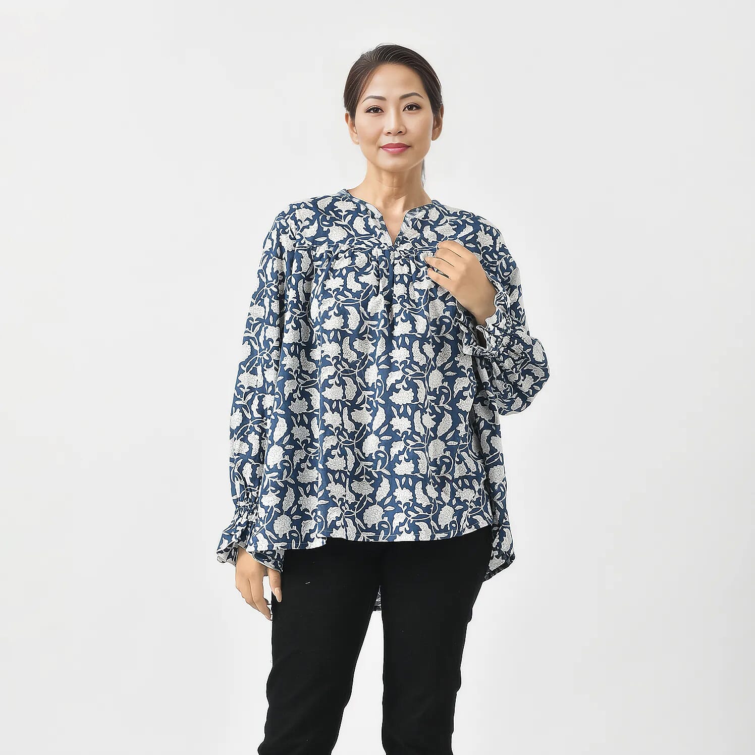 LA-MAREY Pure Cotton Block Print Blouse (Size XXL - 24 to 26) - Navy & White