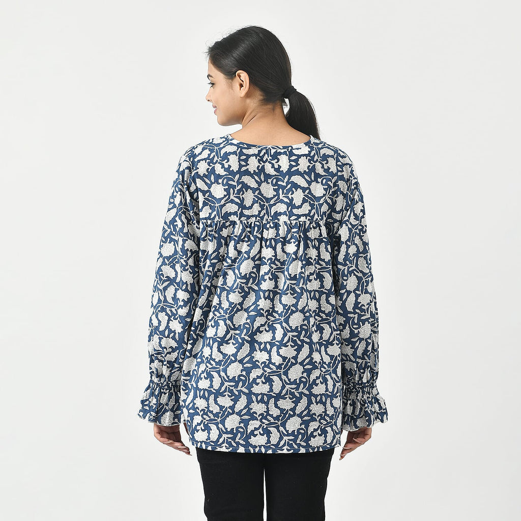LA-MAREY Pure Cotton Block Print Blouse (Size XXL - 24 to 26) - Navy & White