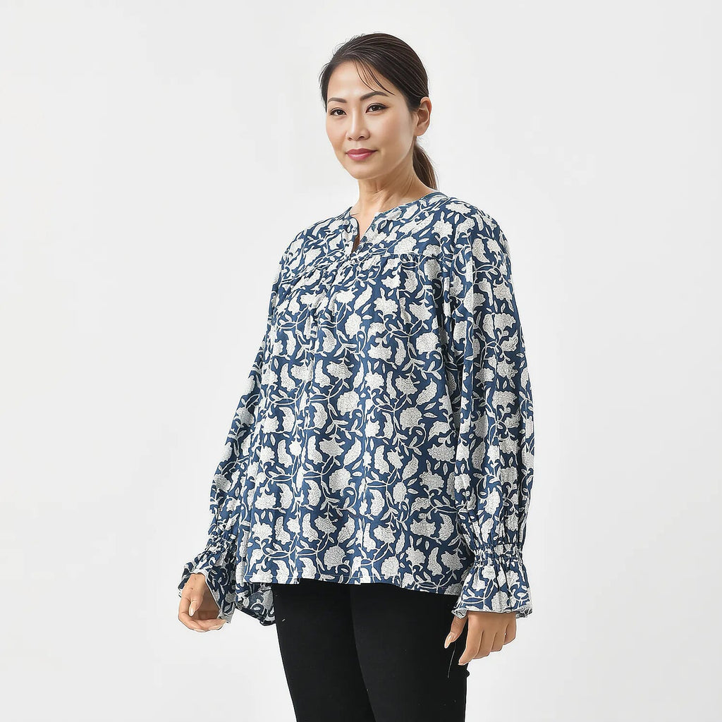 LA-MAREY Pure Cotton Block Print Blouse (Size XXL - 24 to 26) - Navy & White