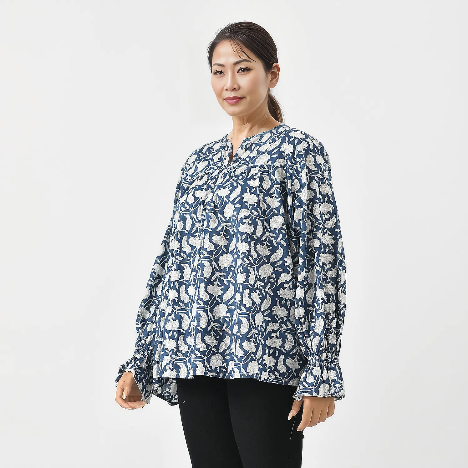 LA-MAREY Pure Cotton Block Print Blouse (Size XXL - 24 to 26) - Navy & White