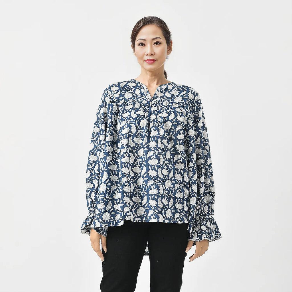 LA-MAREY Pure Cotton Block Print Blouse (Size XXL - 24 to 26) - Navy & White