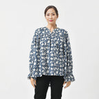 LA-MAREY Pure Cotton Block Print Blouse (Size XXL - 24 to 26) - Navy & White