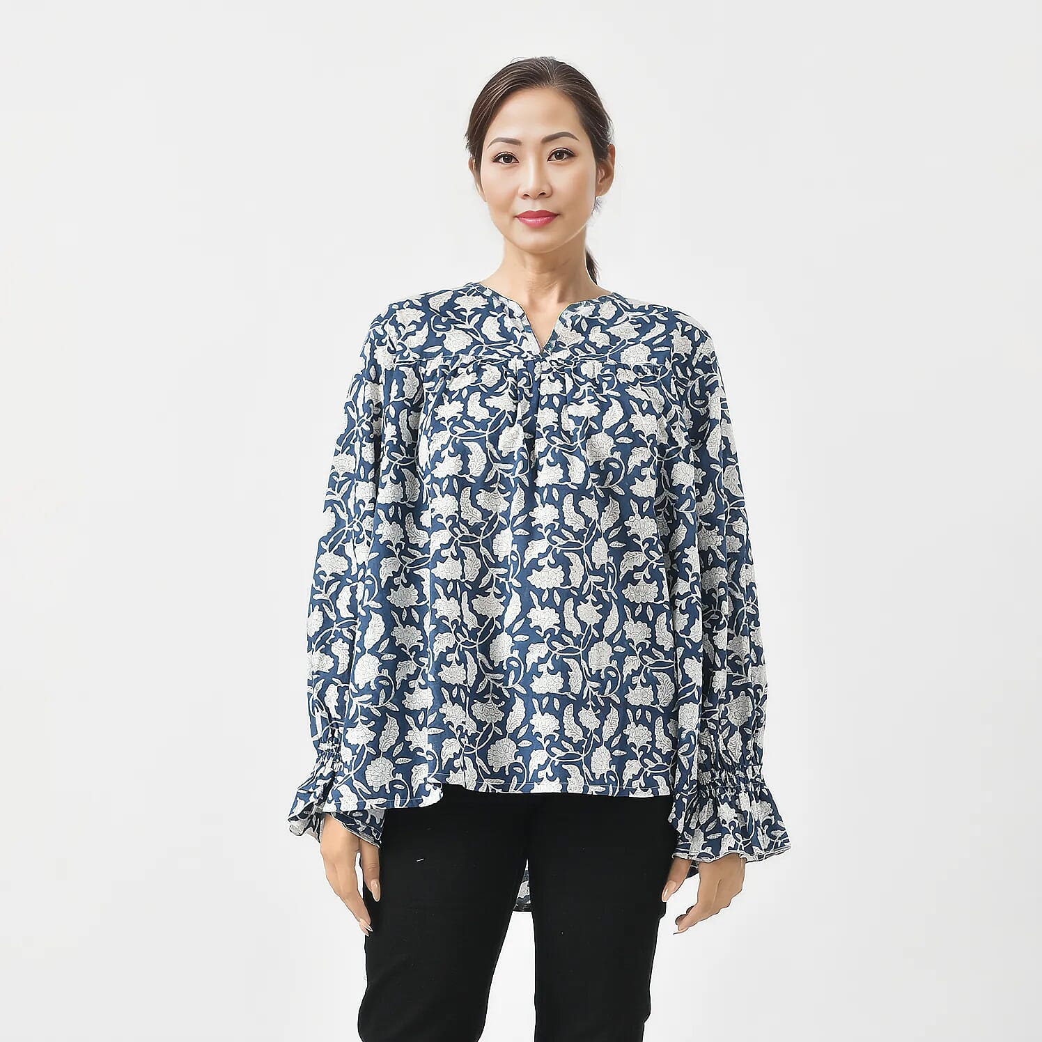 LA-MAREY Pure Cotton Block Print Blouse (Size XXL - 24 to 26) - Navy & White