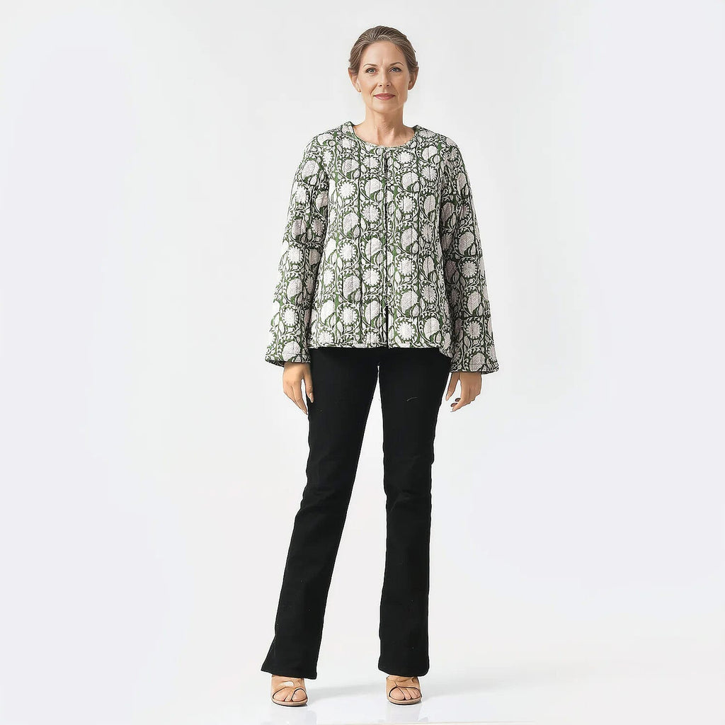 LA-MAREY Pure Cotton Block Print Quilted Jackett (Size M - 12 to 14) - Green & White