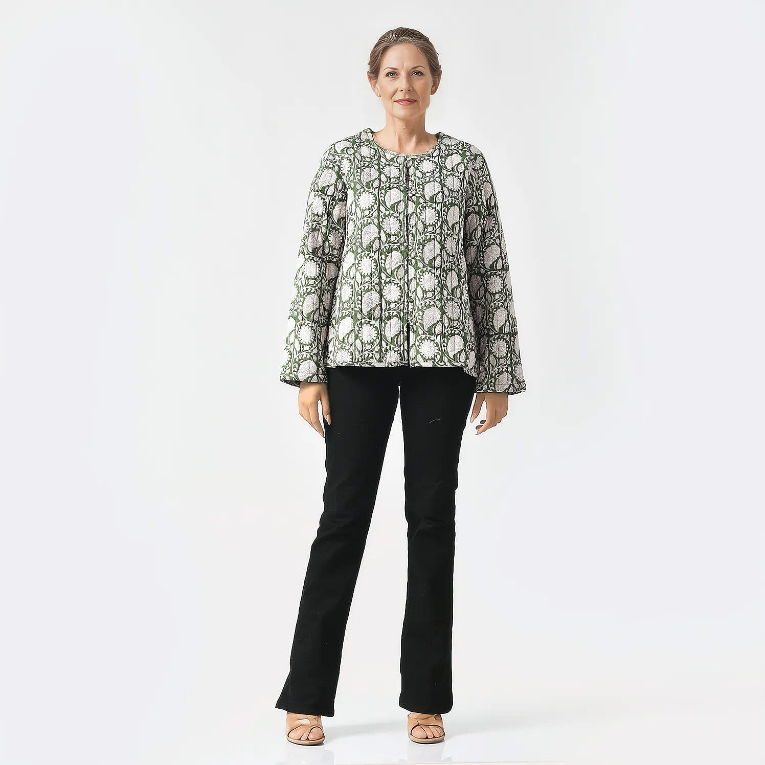 LA-MAREY Pure Cotton Block Print Quilted Jackett (Size M - 12 to 14) - Green & White