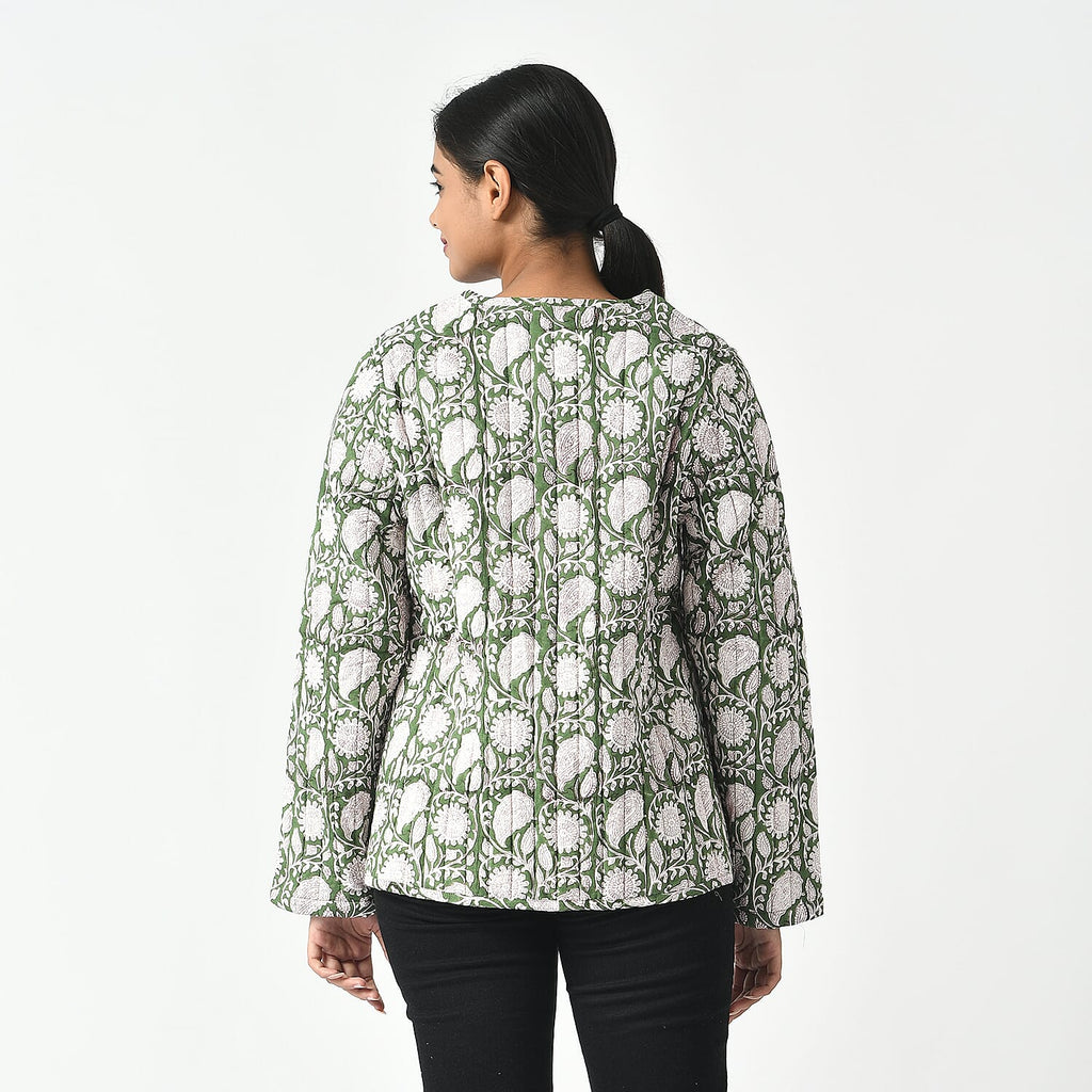 LA-MAREY Pure Cotton Block Print Quilted Jackett (Size M - 12 to 14) - Green & White