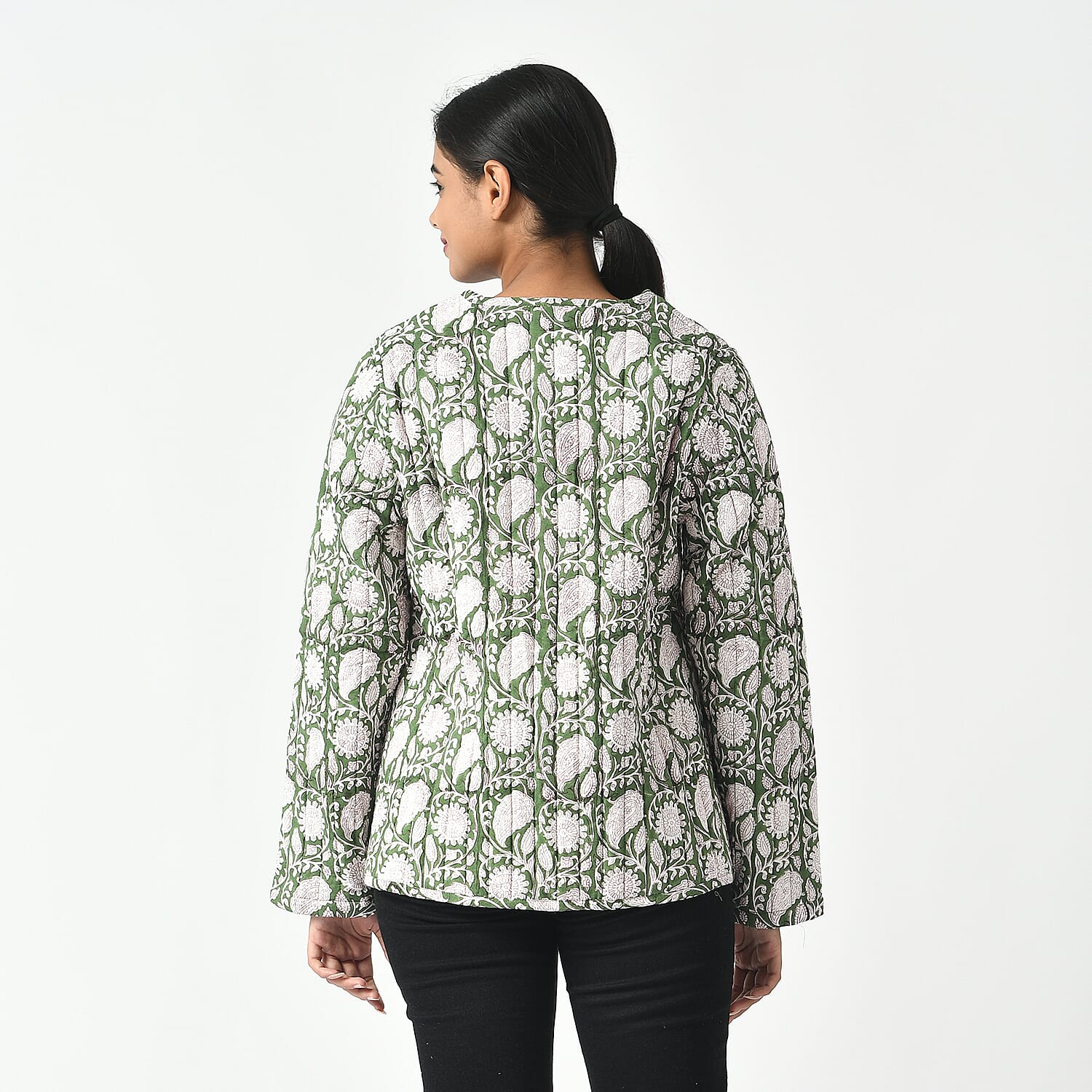 LA-MAREY Pure Cotton Block Print Quilted Jackett (Size M - 12 to 14) - Green & White
