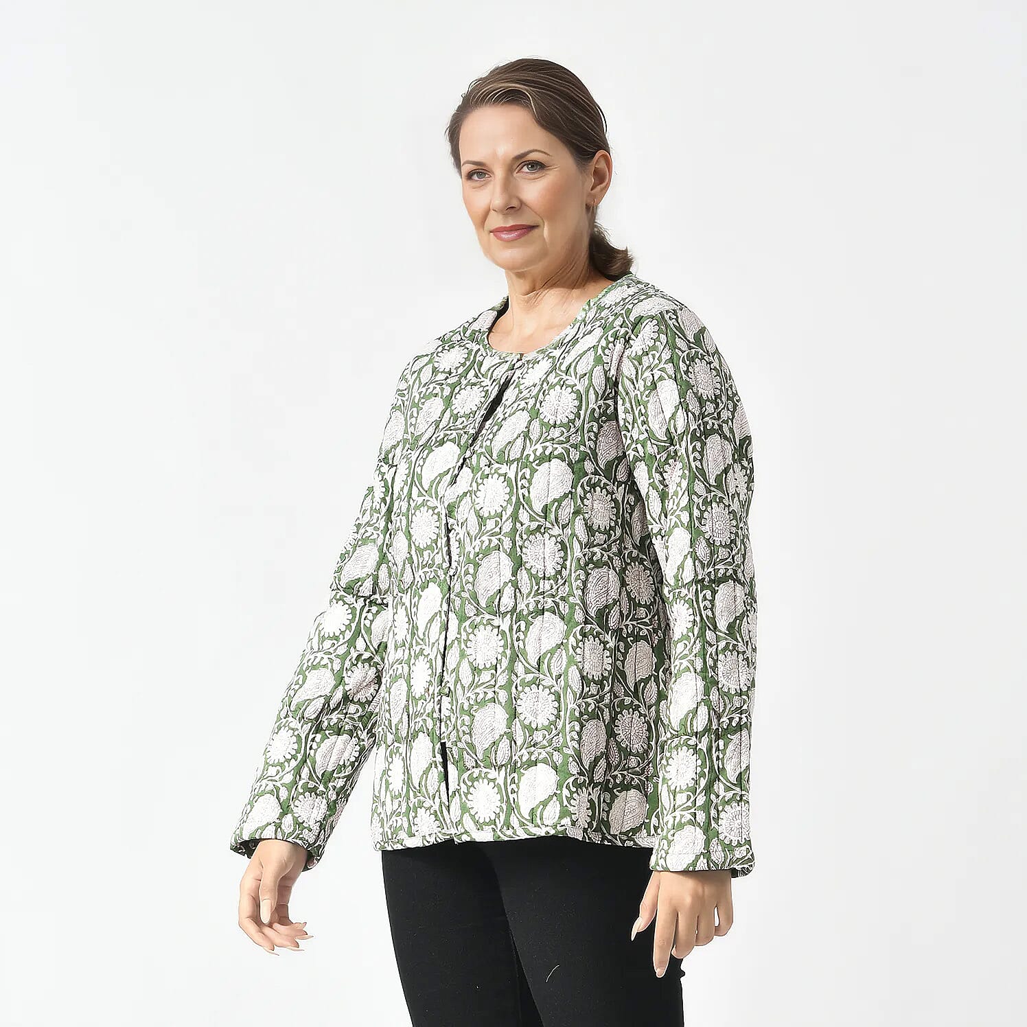 LA-MAREY Pure Cotton Block Print Quilted Jackett (Size M - 12 to 14) - Green & White