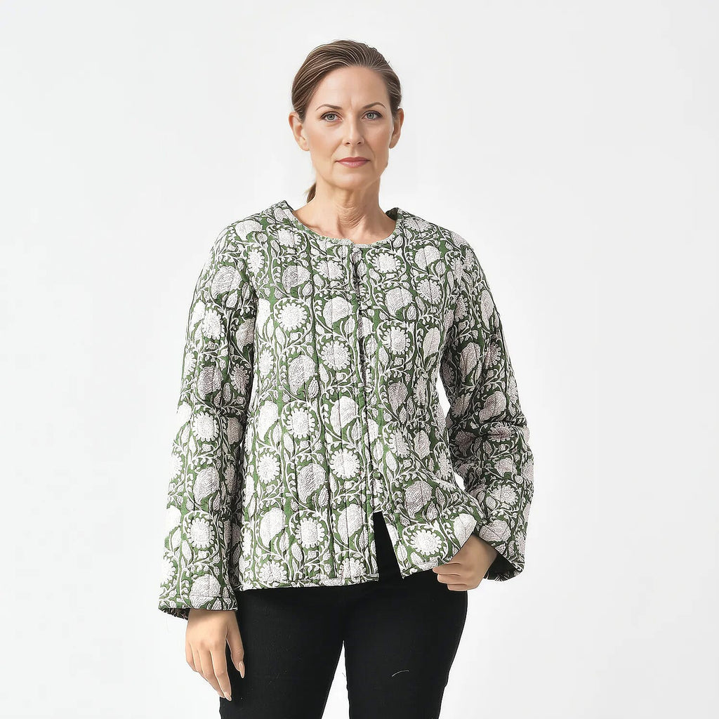LA-MAREY Pure Cotton Block Print Quilted Jackett (Size M - 12 to 14) - Green & White