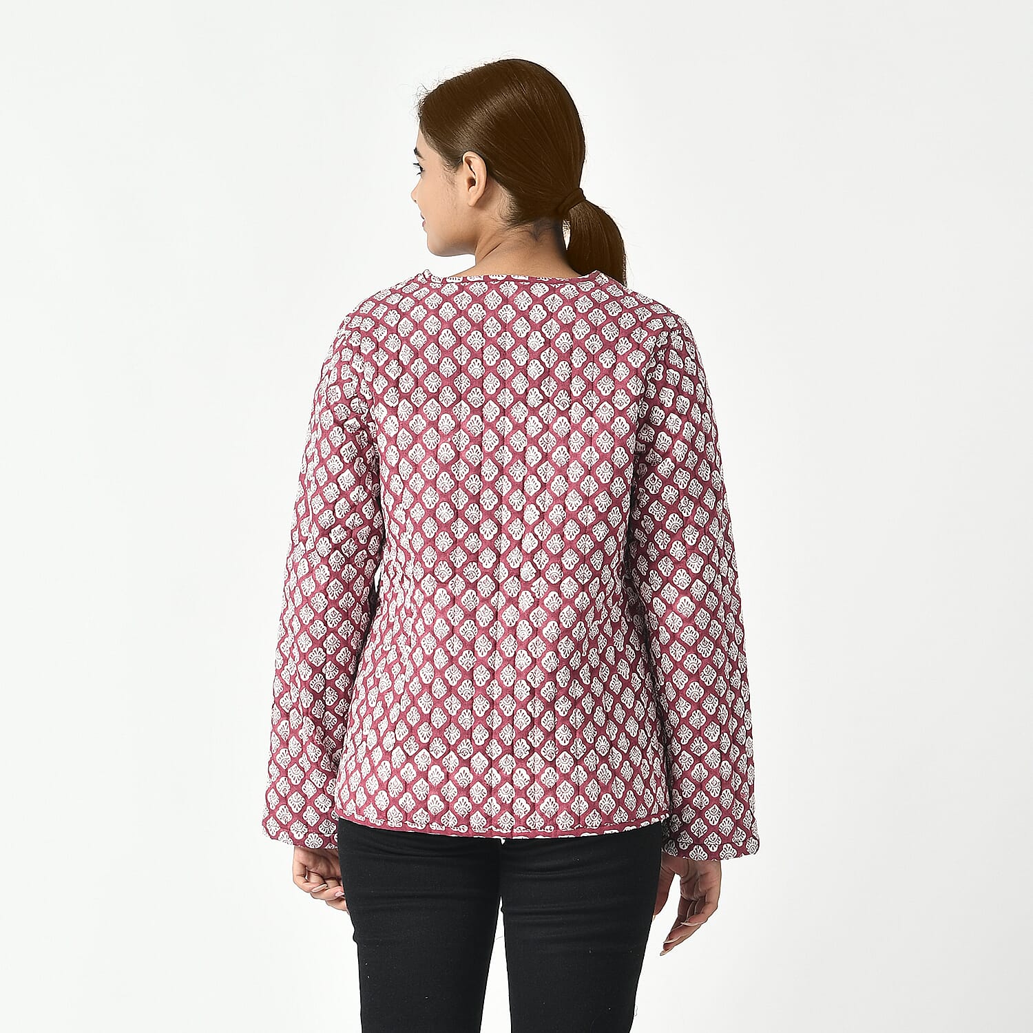LA-MAREY Pure Cotton Block Print Quilted Jacket (Size L - 16 to 18) - Burgundy & White
