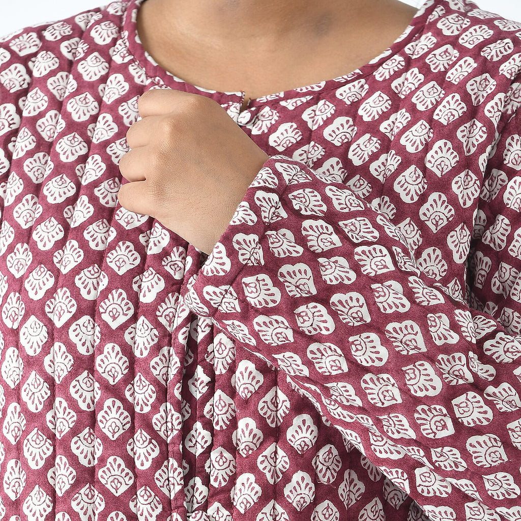 LA-MAREY Pure Cotton Block Print Quilted Jacket (Size L - 16 to 18) - Burgundy & White