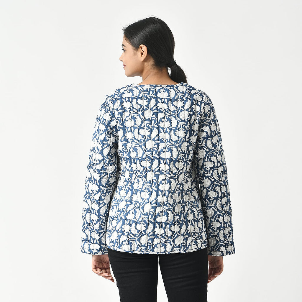 LA-MAREY Pure Cotton Block Print Quilted Jacket (Size L - 16 to 18) - Navy & White