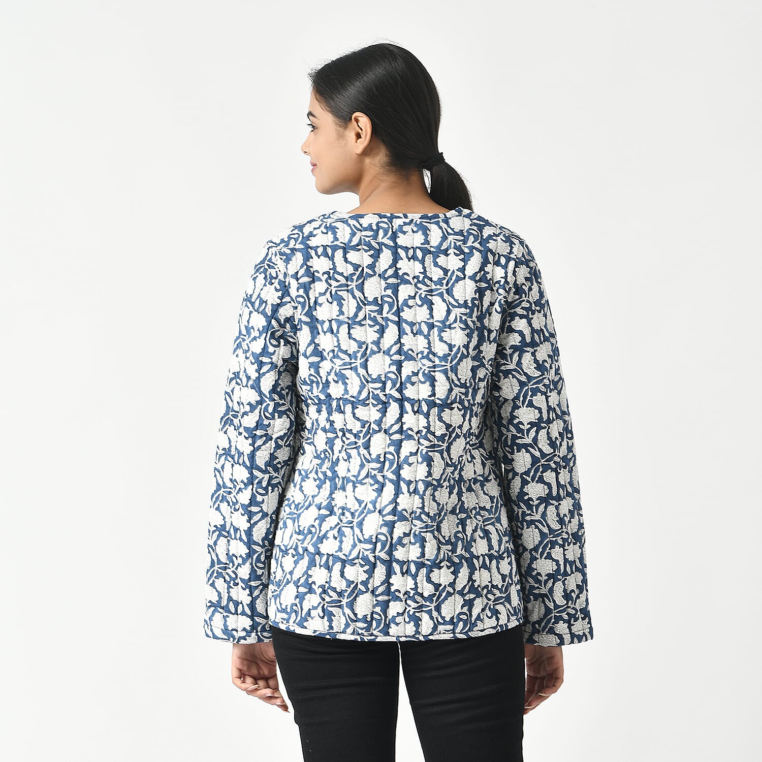 LA-MAREY Pure Cotton Block Print Quilted Jacket (Size L - 16 to 18) - Navy & White