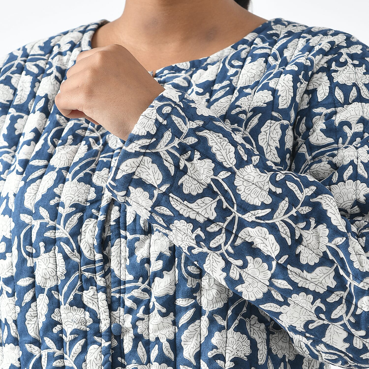LA-MAREY Pure Cotton Block Print Quilted Jacket (Size L - 16 to 18) - Navy & White