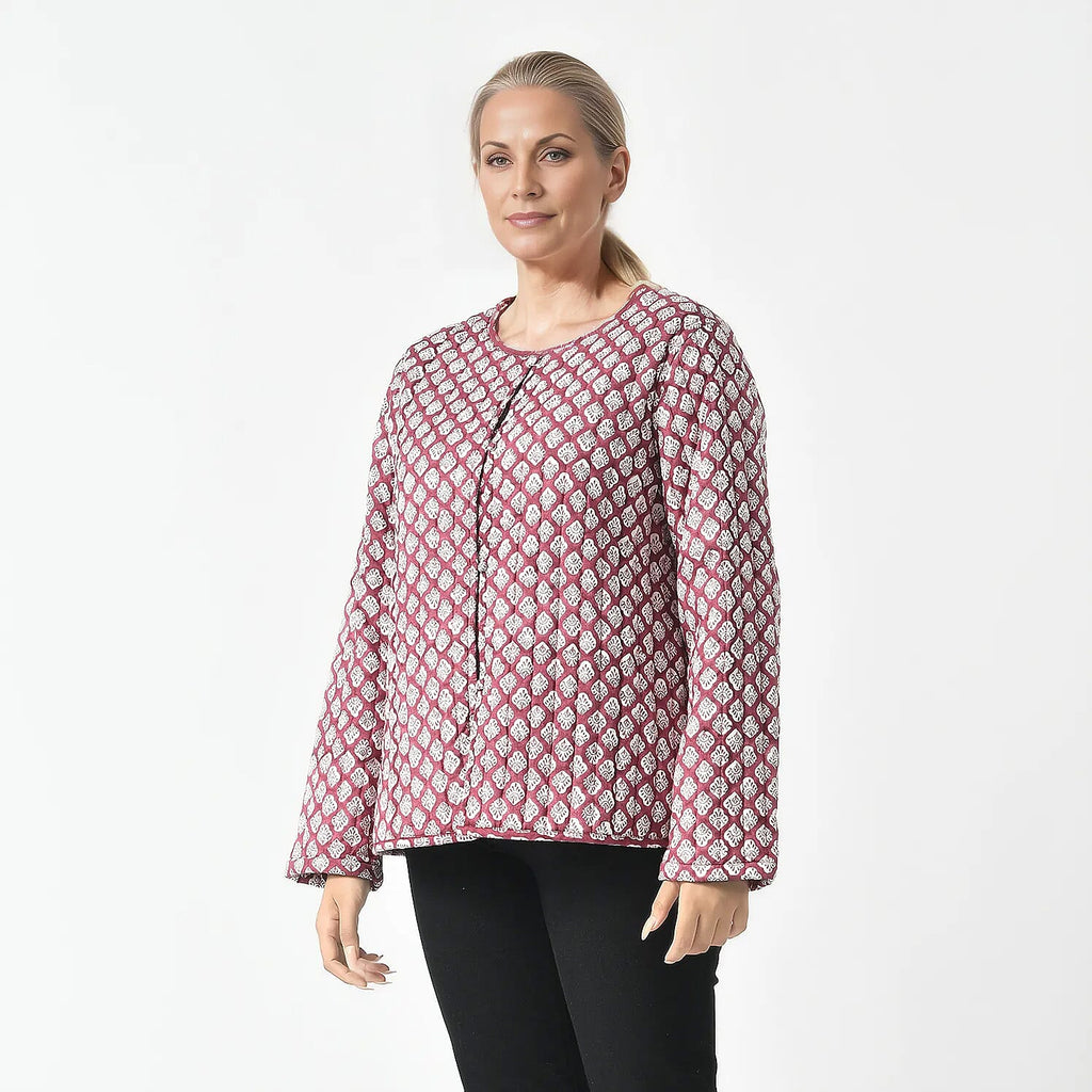 LA-MAREY Pure Cotton Block Print Quilted Jacket (Size XL - 20 to 22) - Burgundy & White