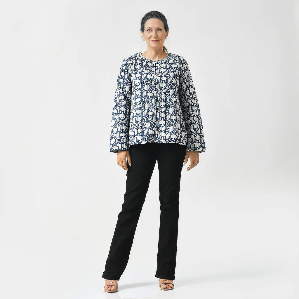 LA-MAREY Pure Cotton Block Print Quilted Jacket (Size XL - 20 to 22) - Navy & White