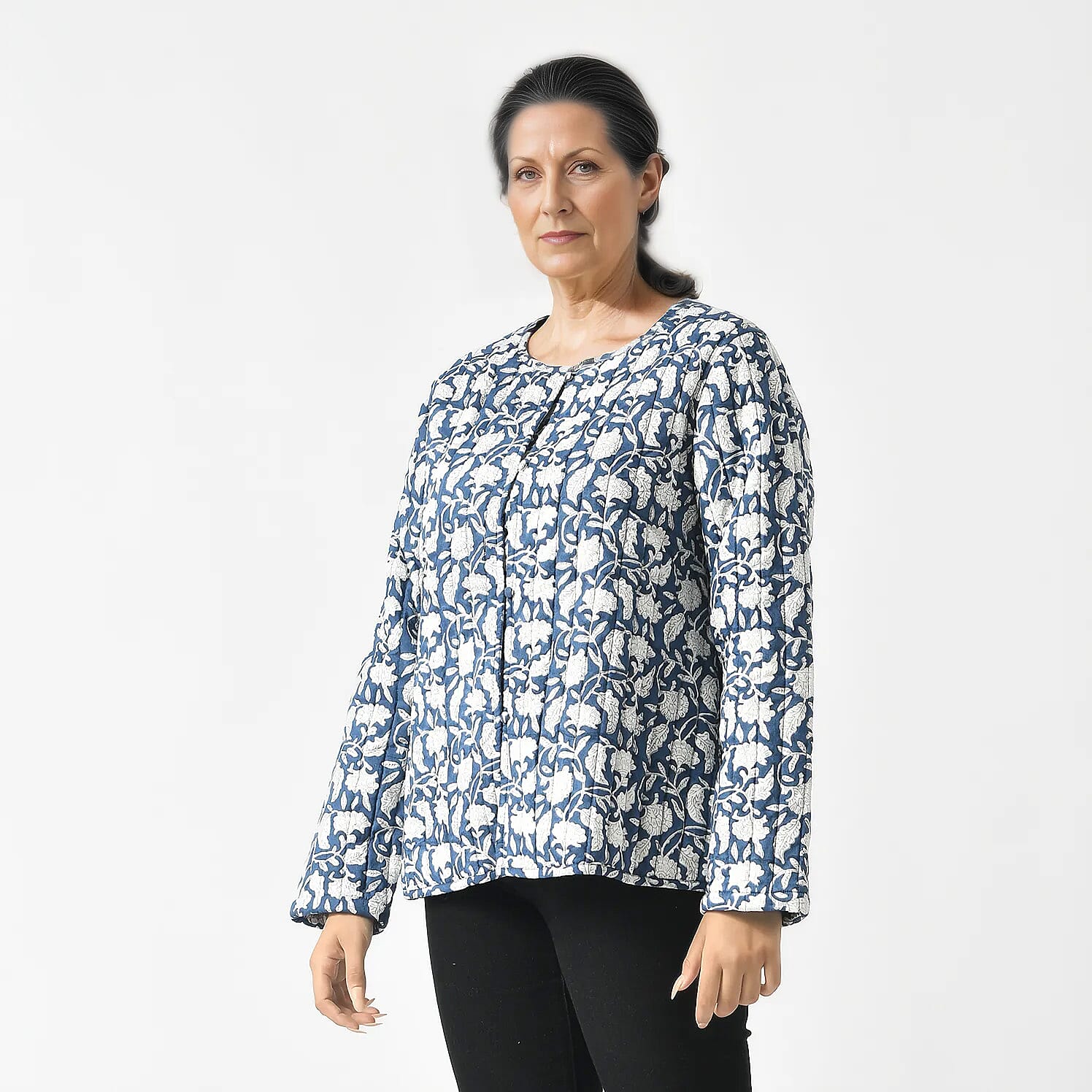 LA-MAREY Pure Cotton Block Print Quilted Jacket (Size XL - 20 to 22) - Navy & White