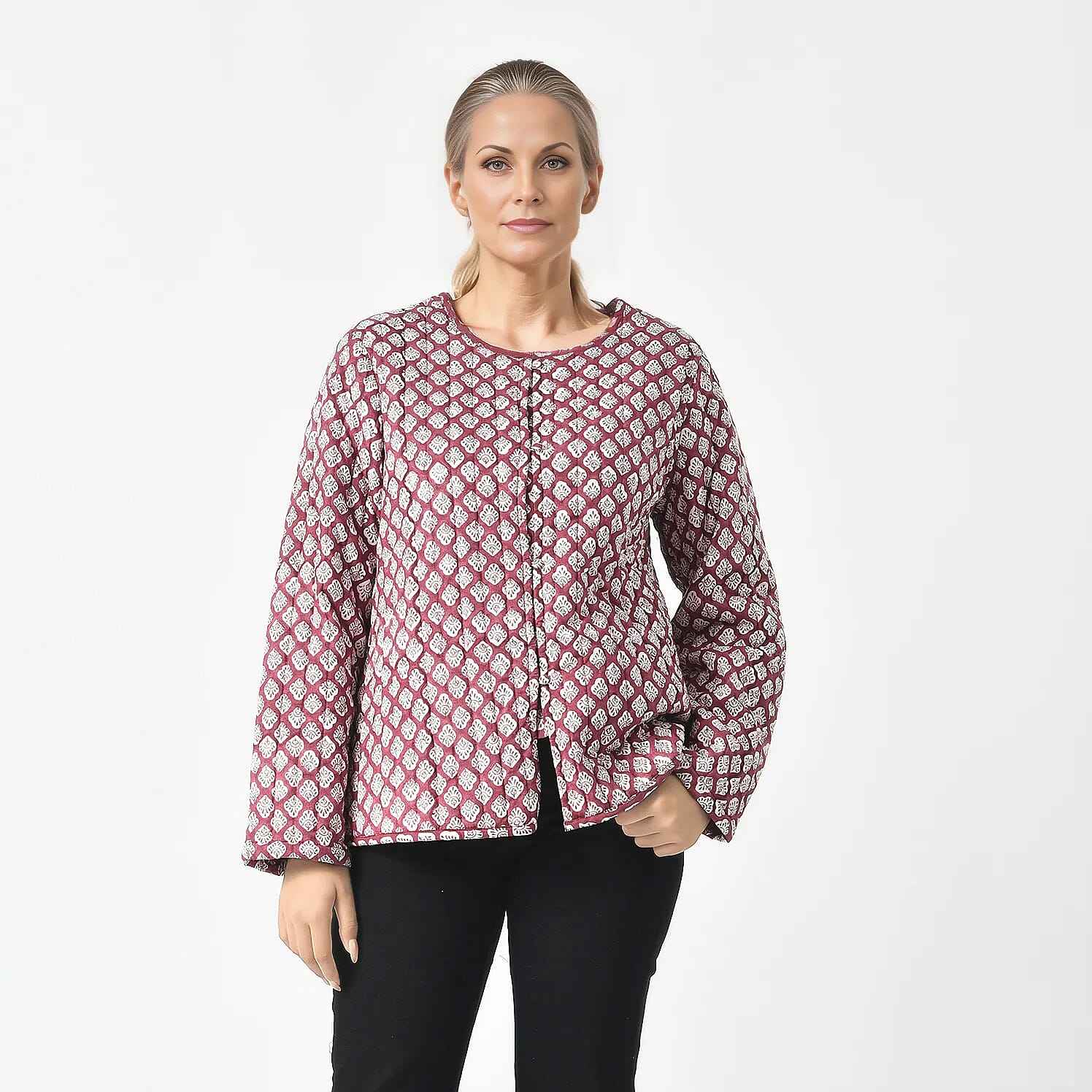 LA-MAREY Pure Cotton Block Print Quilted Jacket(Size XXL - 24 to 26) - Burgundy & White
