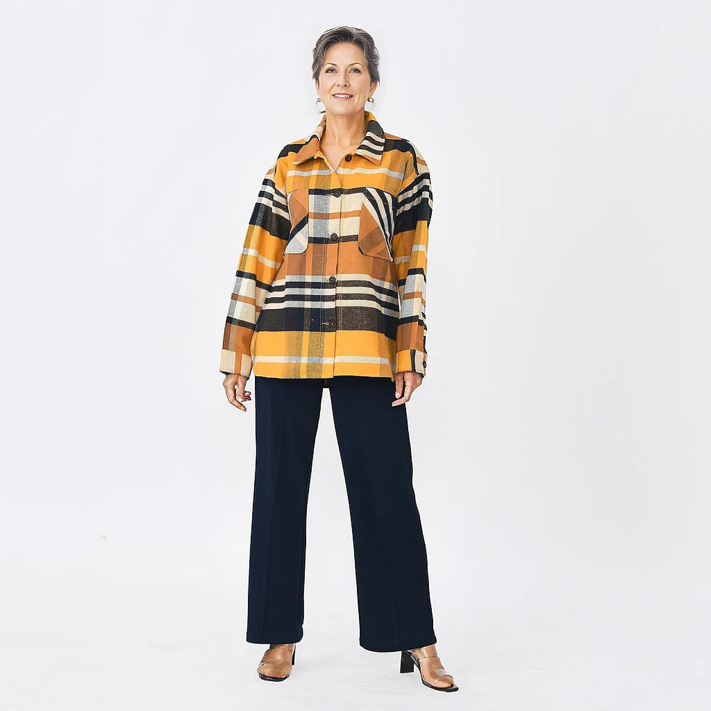 Tamsy 100% Cotton Checker Shacket With Two Pockets (Size S) - Brown - Black