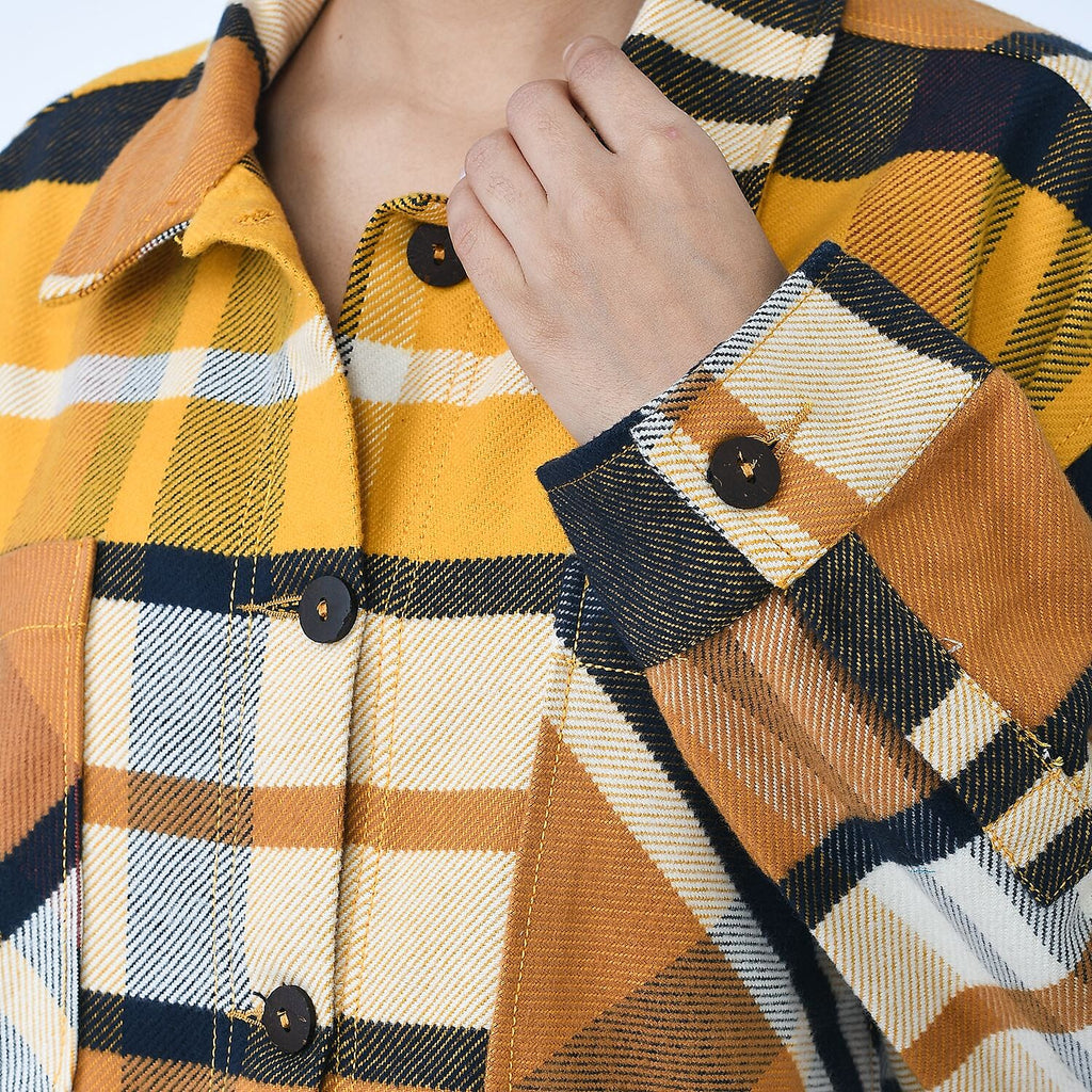 Tamsy 100% Cotton Checker Shacket With Two Pockets (Size S) - Brown - Black