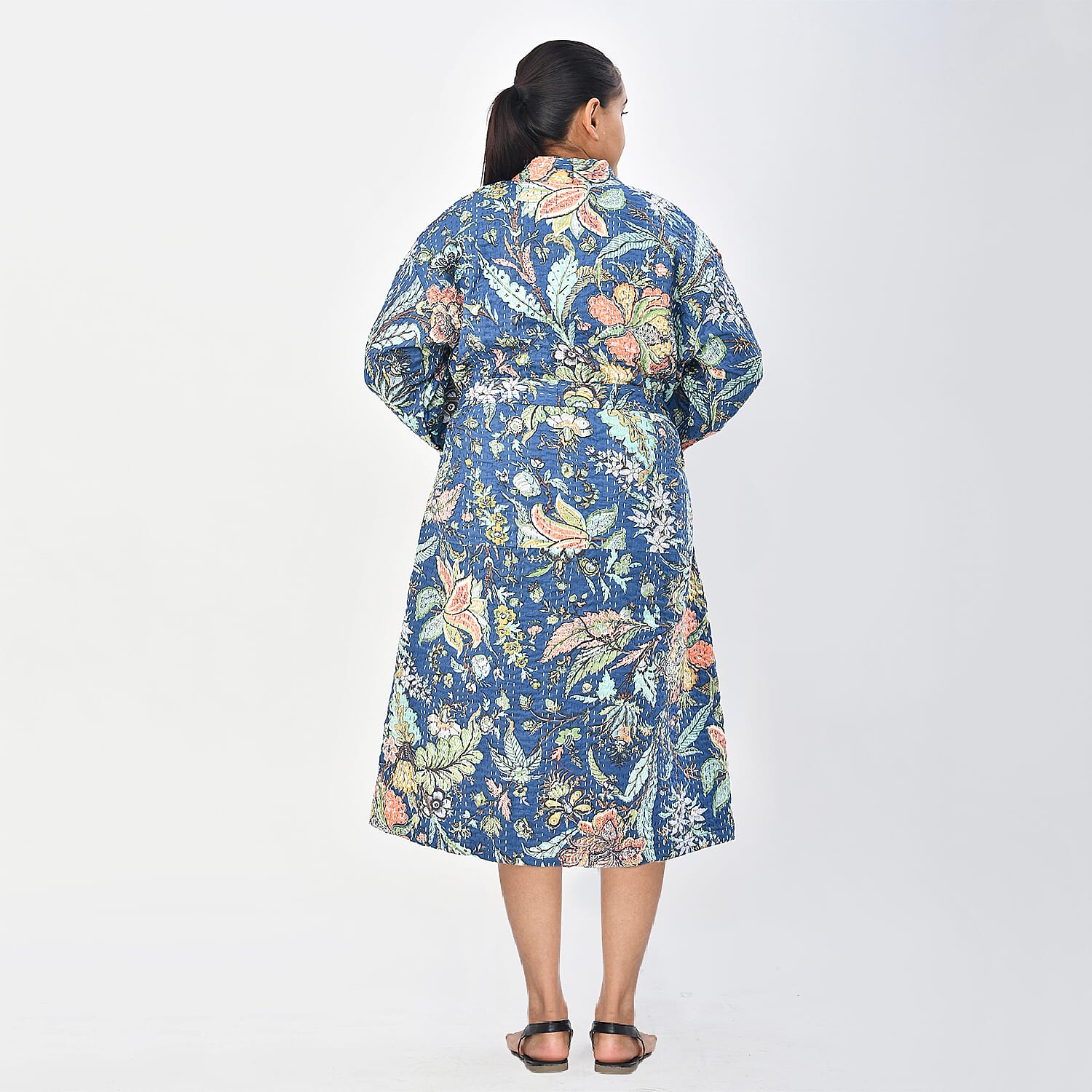 LA MAREY 100% Cotton Printed Kantha Kimono (One Size) - Navy