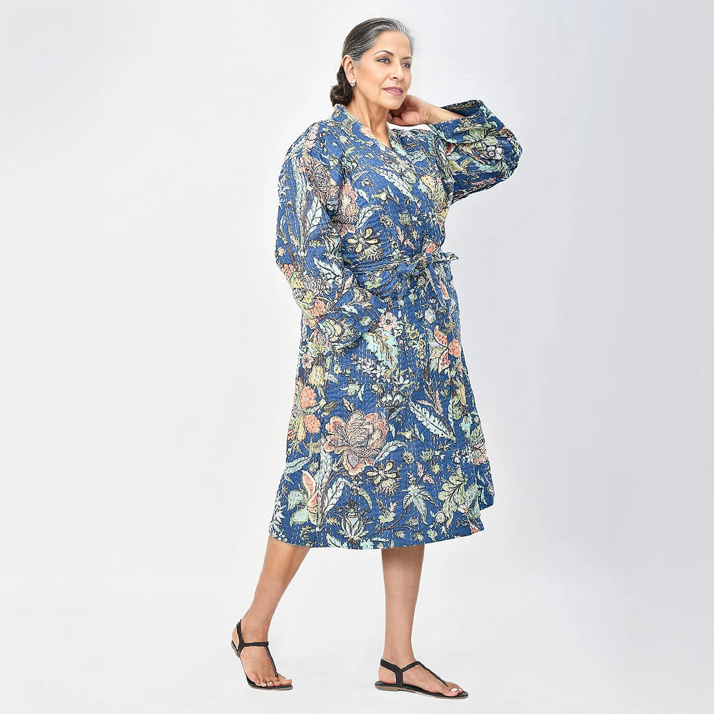 LA MAREY 100% Cotton Printed Kantha Kimono (One Size) - Navy