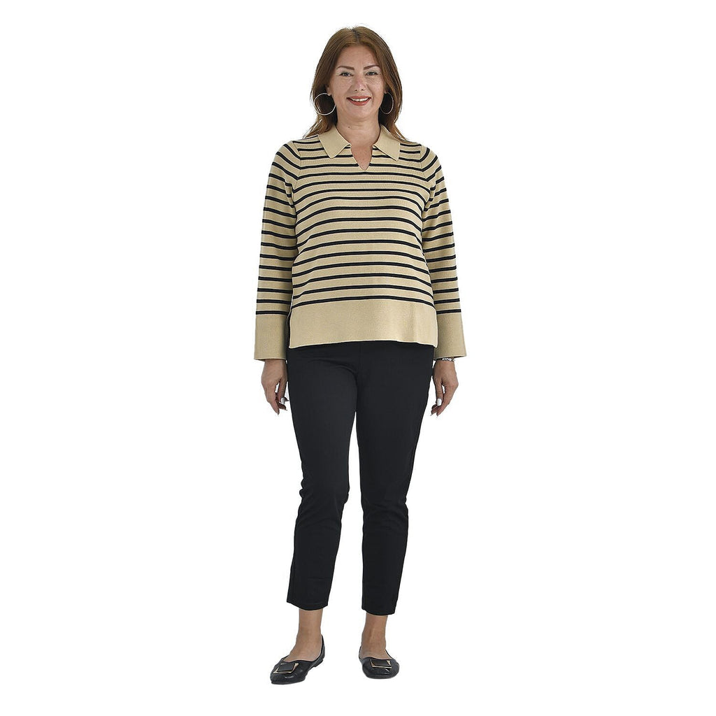 Tamsy Cotton Rich Breton Knit Jumper (Size L,16-18) - Beige & Black