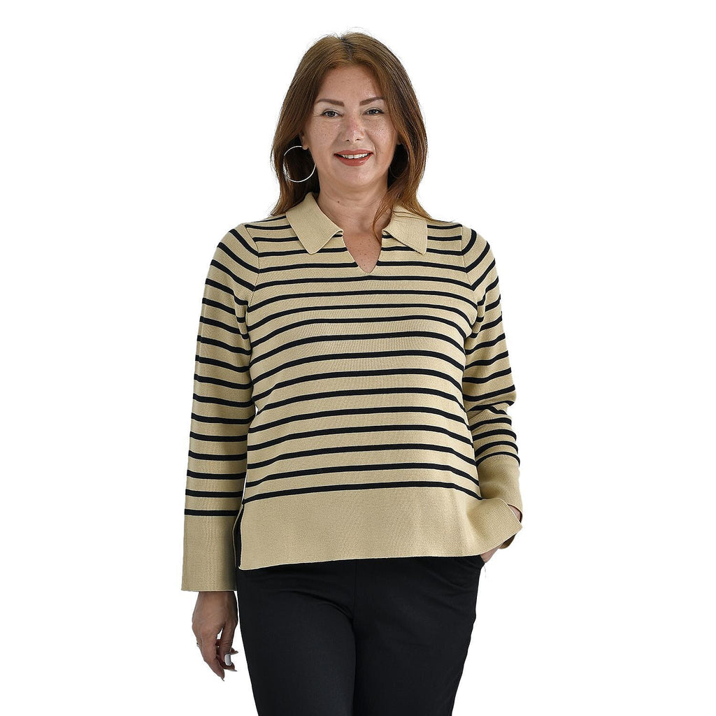 Tamsy Cotton Rich Breton Knit Jumper (Size L,16-18) - Beige & Black