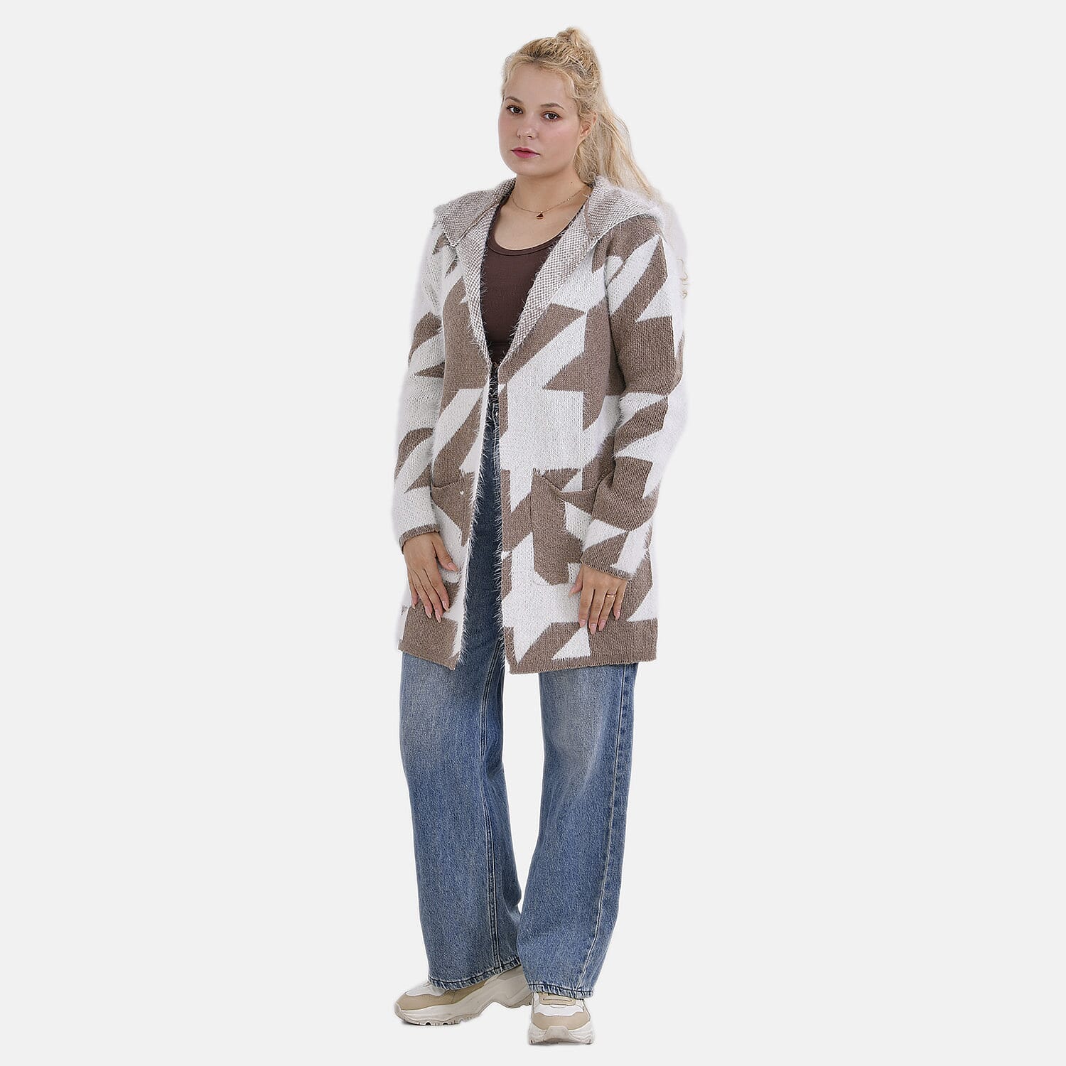 Tamsy Cozy Winter Coatigan with Hoodie (Size 8 to 20) - White & Maroon