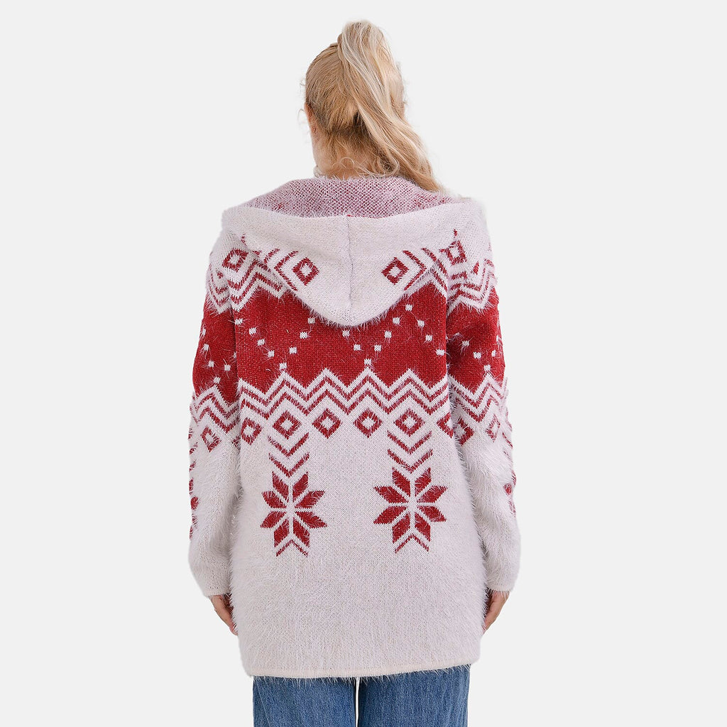Tamsy Cozy Winter Coatigan with Hoodie (Size 8 to 20) - White & Red