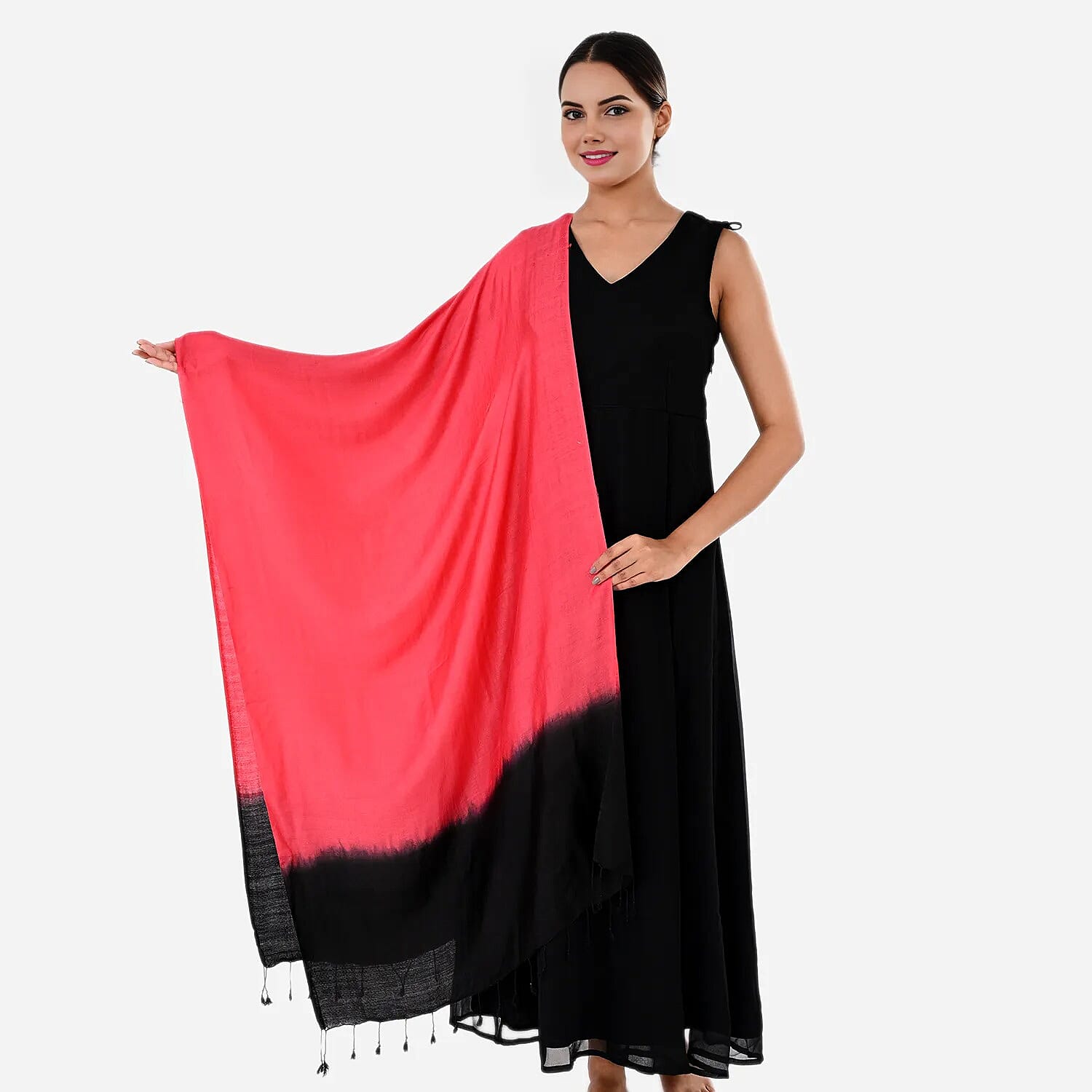 Tamsy Dual Shade Ombre Stole (Size 210 x 70 cm) - Rose Red & Black