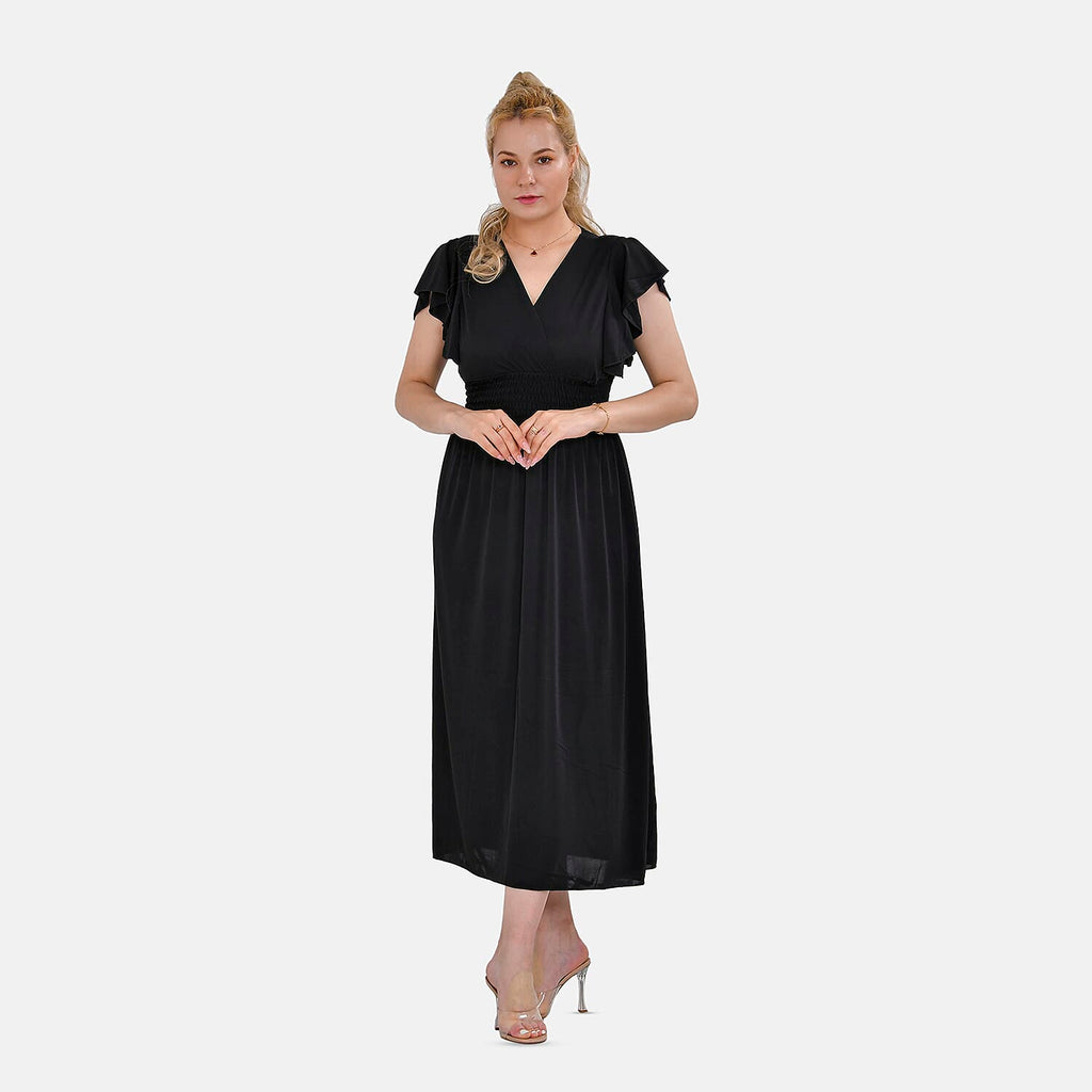 Tamsy Flutter Sleeves Smocked Midi Dress (One Size 8-18) - Black