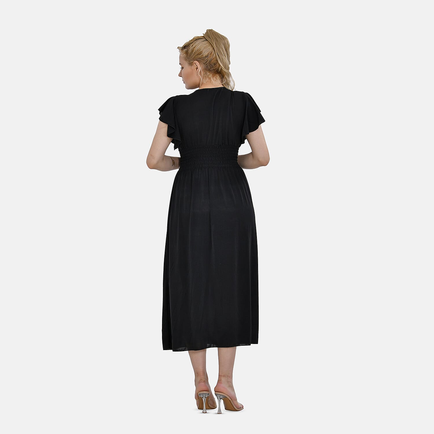 Tamsy Flutter Sleeves Smocked Midi Dress (One Size 8-18) - Black