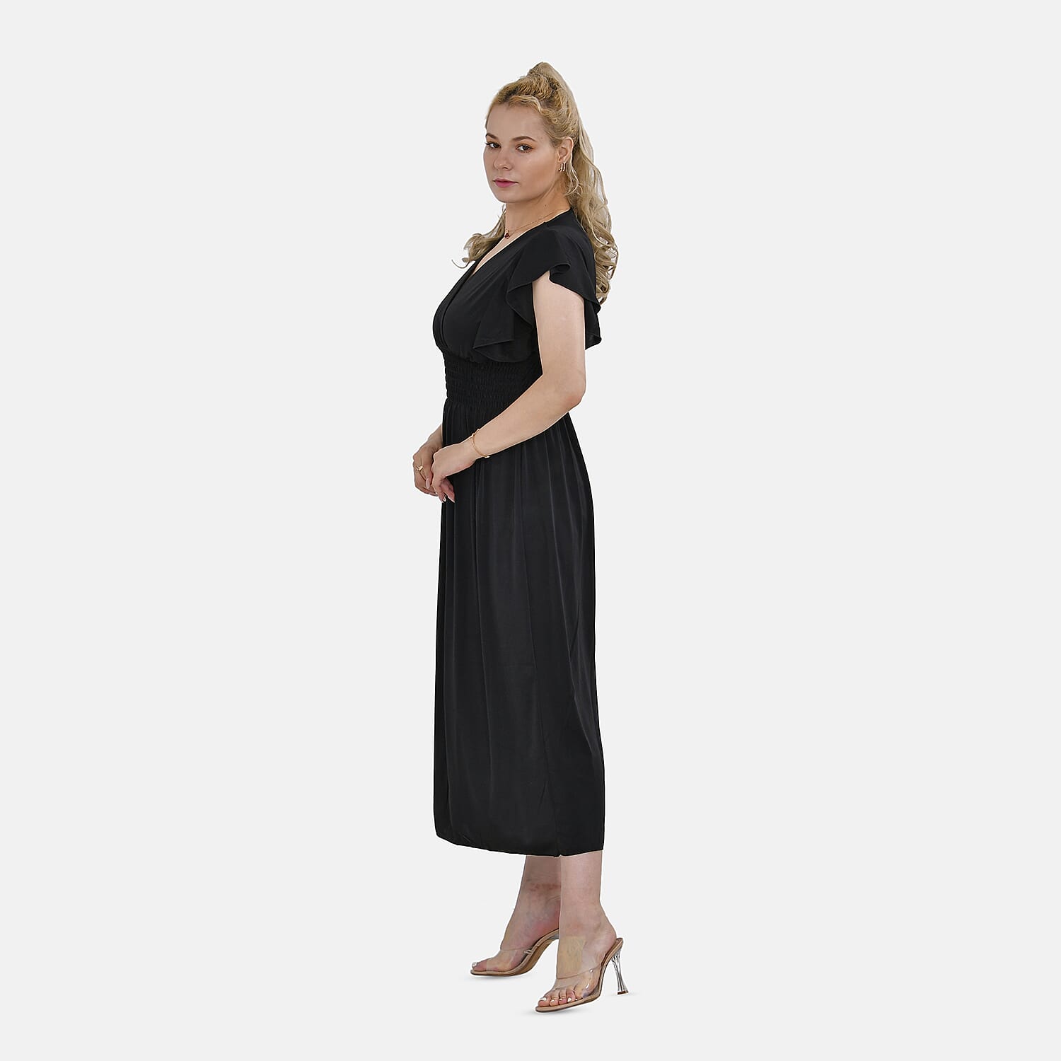 Tamsy Flutter Sleeves Smocked Midi Dress (One Size 8-18) - Black