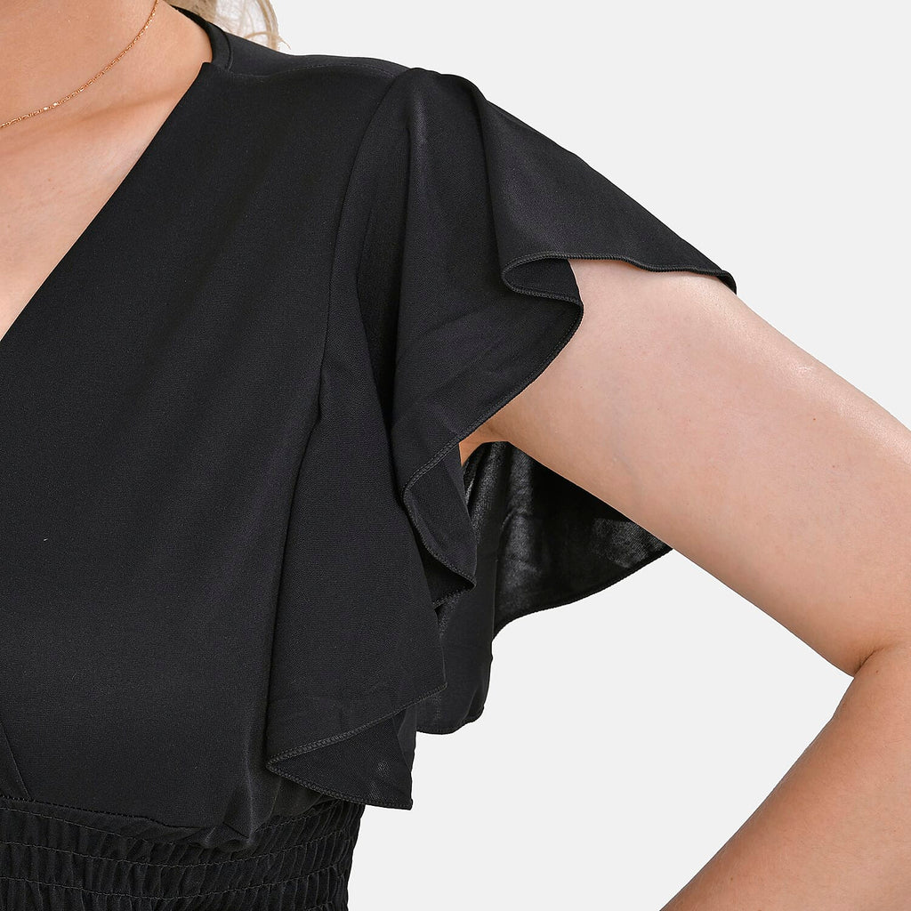 Tamsy Flutter Sleeves Smocked Midi Dress (One Size 8-18) - Black