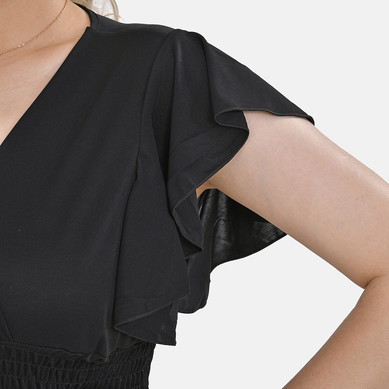 Tamsy Flutter Sleeves Smocked Midi Dress (One Size 8-18) - Black