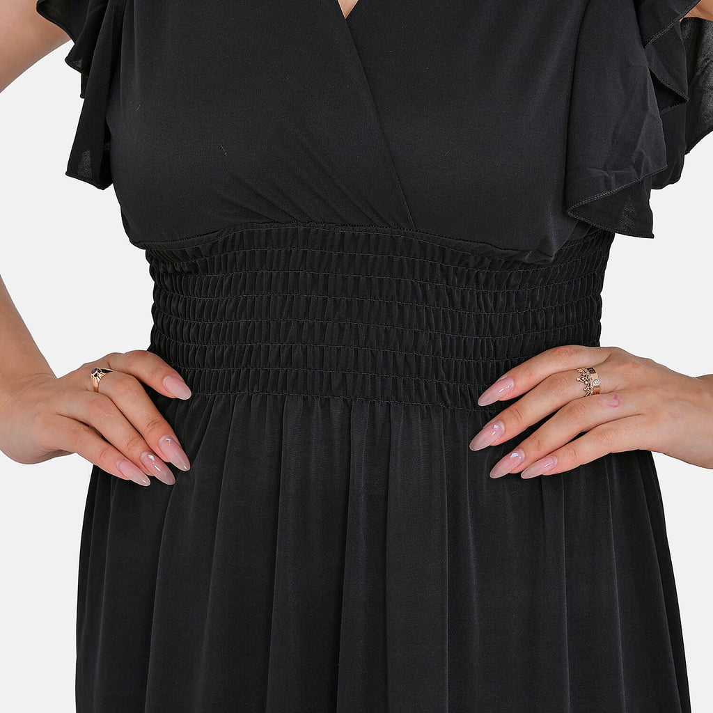 Tamsy Flutter Sleeves Smocked Midi Dress (One Size 8-18) - Black
