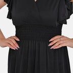 Tamsy Flutter Sleeves Smocked Midi Dress (One Size 8-18) - Black