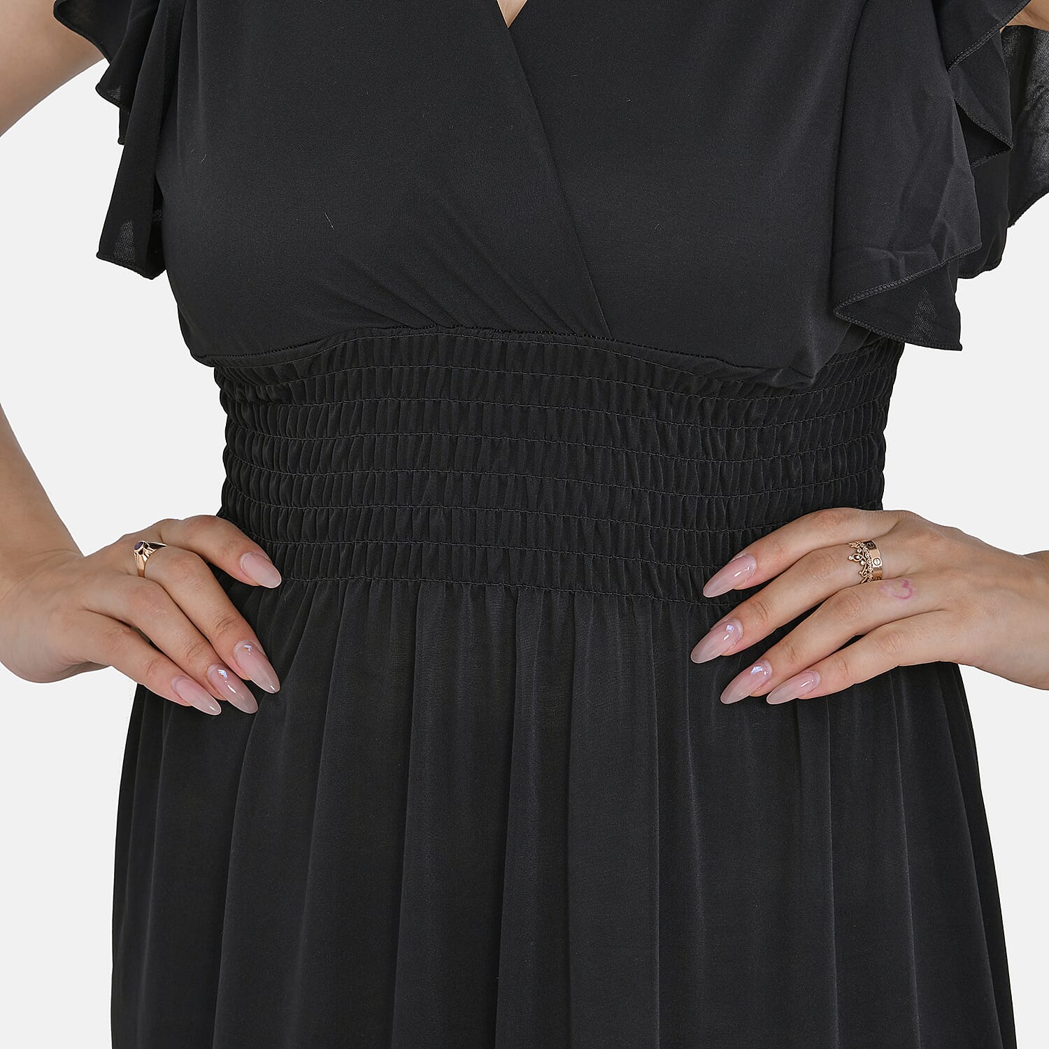 Tamsy Flutter Sleeves Smocked Midi Dress (One Size 8-18) - Black